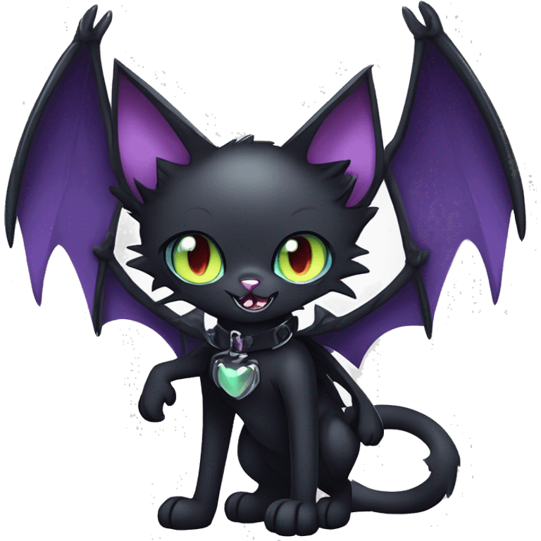   cool edgy kawaii anime-style ethereal dark-punk-themed animal vampiric cat-hybrid Fakemon with fangs and bat-wing-ears with a collar full body emoji