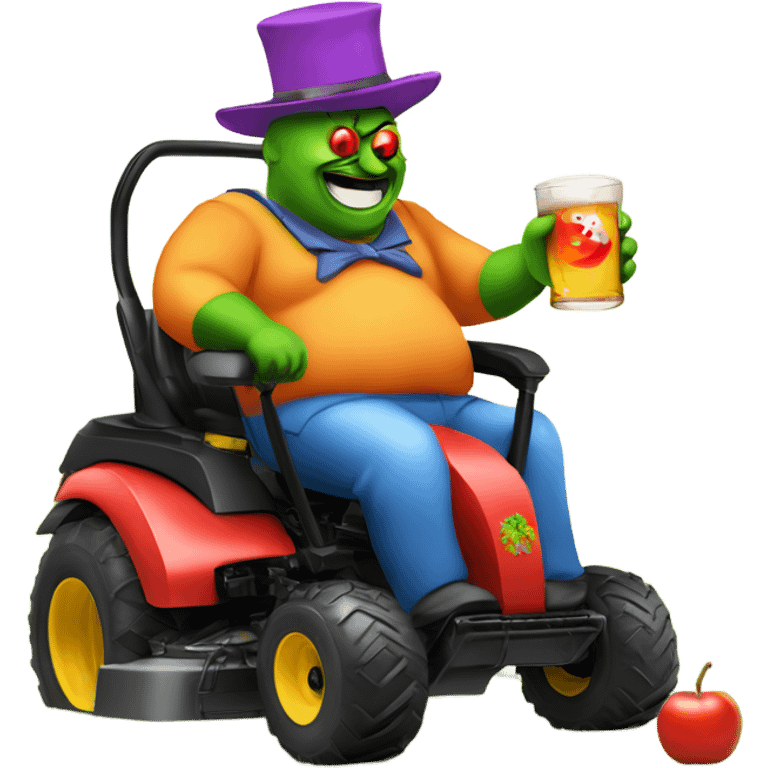 fatman-drinking-cider on ride on lawn mower with a clown hat emoji