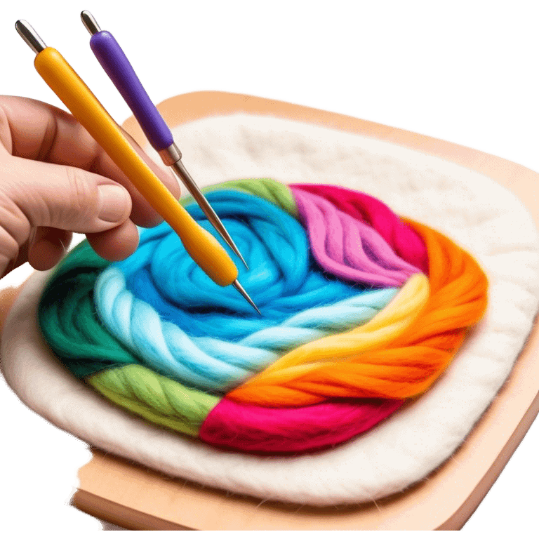 Felt art creation icon, layers of colorful felt being carefully shaped with felting needles into a picture or decorative design, visible hand tools like felting needles, no finished artwork, just the process of felting, minimalistic style, clean lines, transparent background. emoji