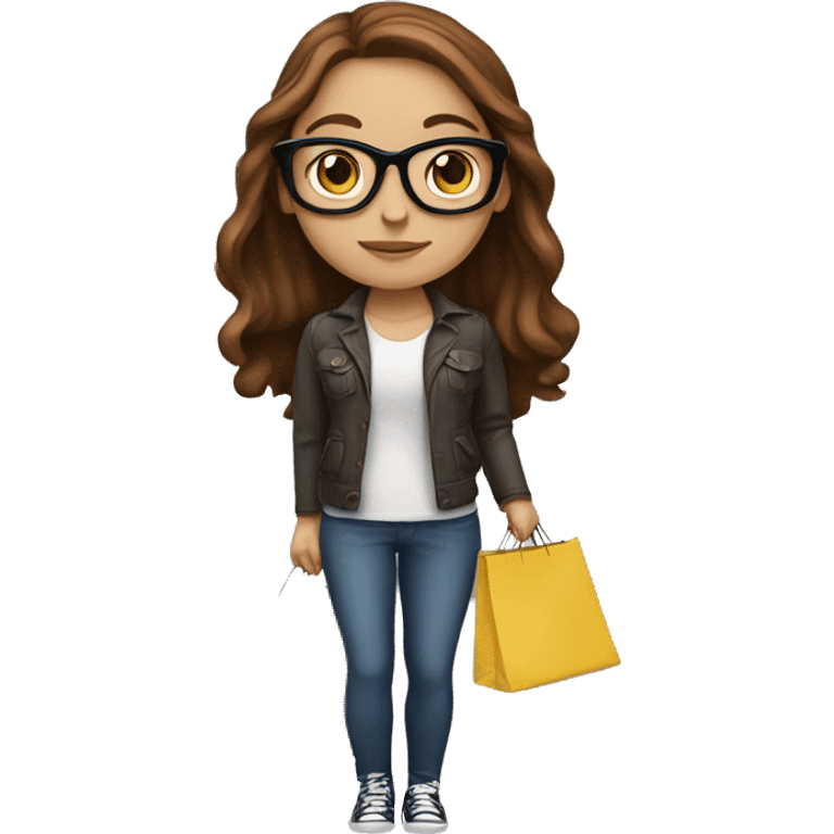 white girl with long brown hair and glasses. she has shopping bags in her hand. emoji