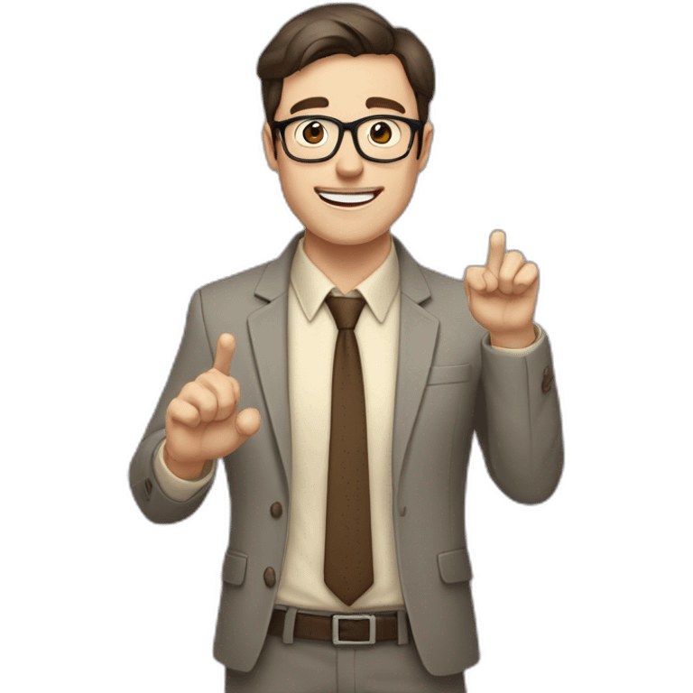 To belt Actively gesturing with hands Okay Pale skinned fit man with dark brown hair in gray jacket, beige office shirt, brown tie, brown pants and vintage glasses. emoji