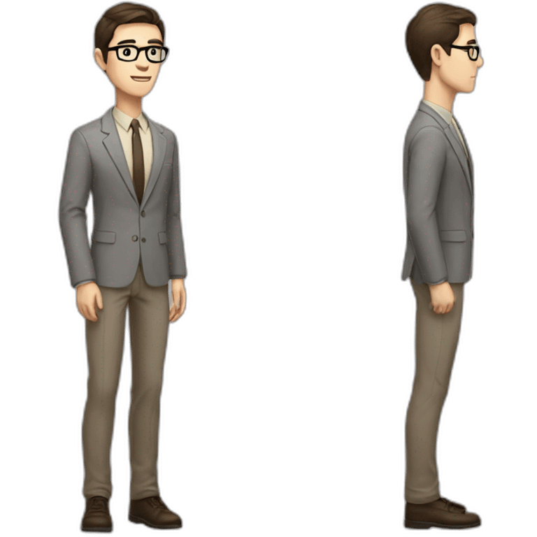 Full height Pale skinned fit man with dark brown hair in gray jacket, beige office shirt, brown tie, brown pants and vintage glasses. His right hand stretched out emoji