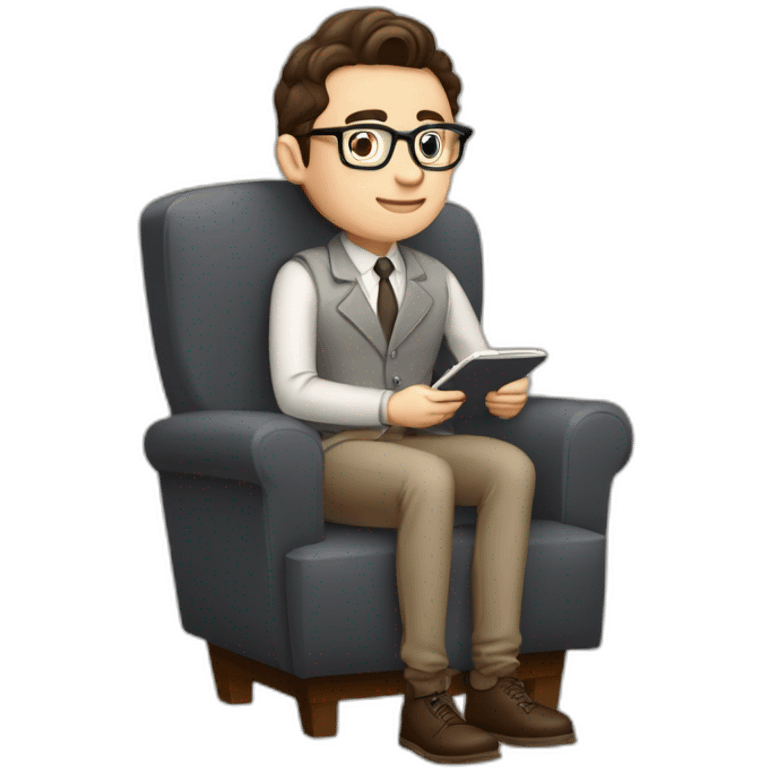 Pale skinned Fit Man With dark brown hair in gray jacket, beige office shirt, Brown pants and vintage glasses sitting In a soft chair with a notebook on spring with emblem Ψ and a pen emoji