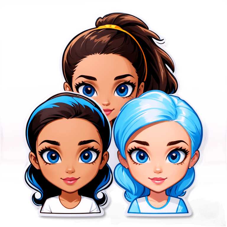 Trio light skin, 1 girl Black wave Hair and Blue eyes, 1 Girl Brown hair and Blue eyes, 1 Girl blonde hair in a tail and Blue eyes emoji