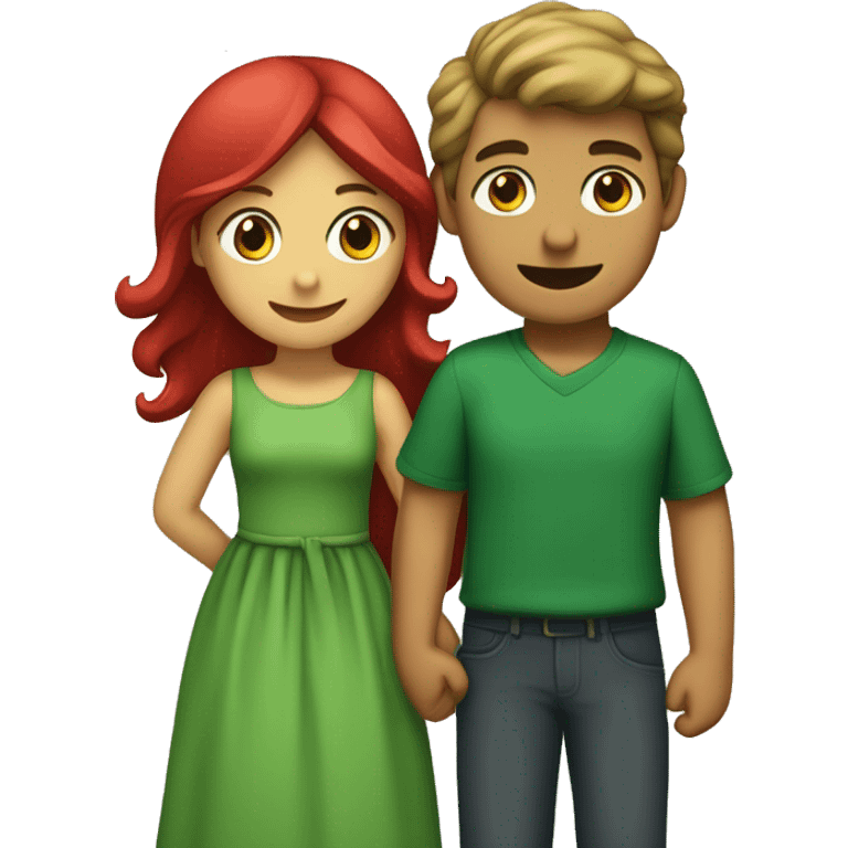 Crete an emoji a couple (boy with green dress, girl with red dress) hugging each other. Boy green dress, girl red dress  emoji