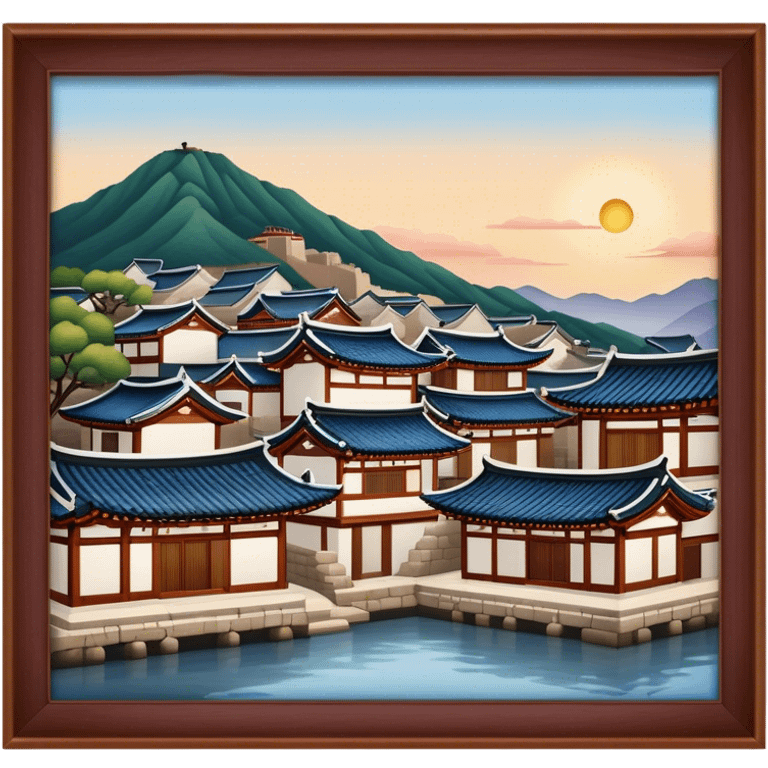 Cinematic Realistic Bukchon Hanok Village Landmark Emoji, depicted with traditional Korean houses set against a scenic backdrop rendered with detailed textures and warm, inviting lighting. emoji