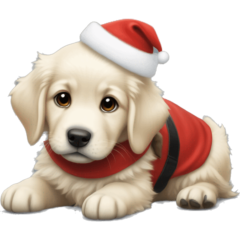 solid black fluffy puppy wearing red vest with white golden retriever puppy wearing a santa hat emoji