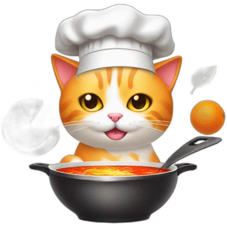 orange and white cat wearing chef hat cooking glowing radioactive chili soup emoji