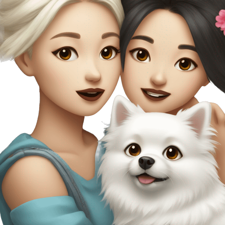 Chinese girl kiss white Pomeranian emoji