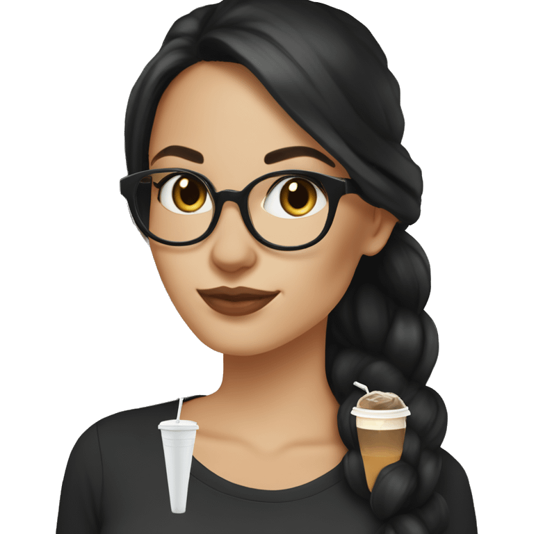 White girl with long black hair in a low ponytail, cat eye brown glasses in a black shirt drinking iced coffee emoji