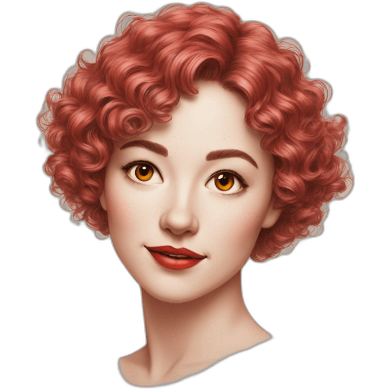 Drawing sketch of woman with short wavy hair on paper red crayon emoji