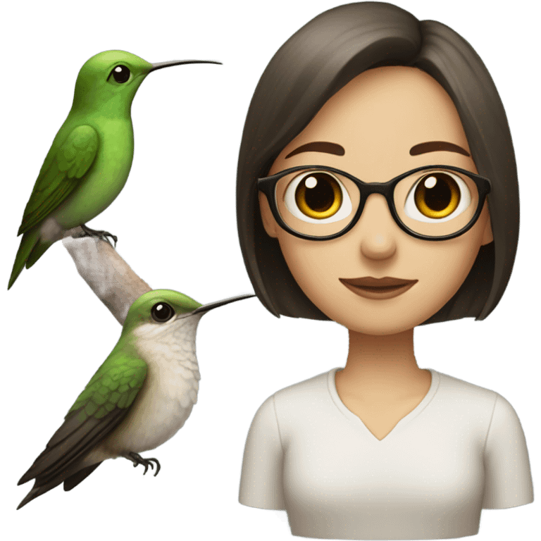 Girl pale , brunette, with short hair, wearing glasses with a hummingbird next to her emoji