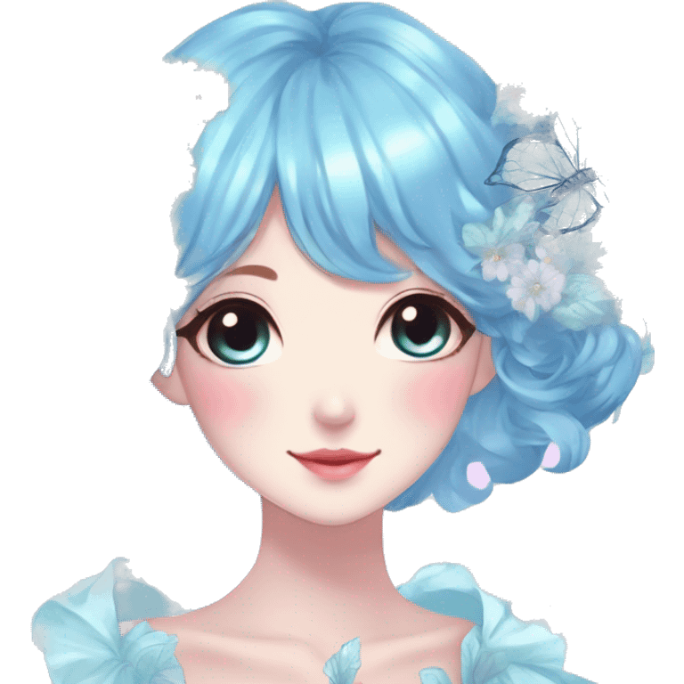 Gorgeous Shiny Pastel Blue Anime-Style Lady Butterflies flower petals leaves cottagecore fairycore pastelcore kawaii aesthetic trending style emoji