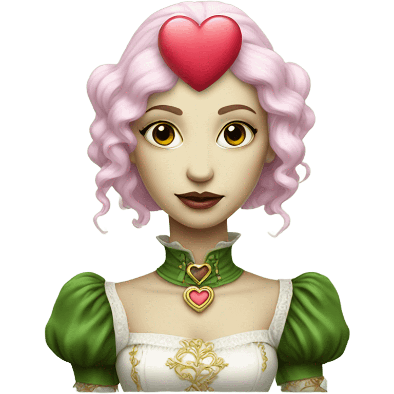 a green amazon alien woman in Victorian white gold, pink hair full body,holdig red big hearth emoji