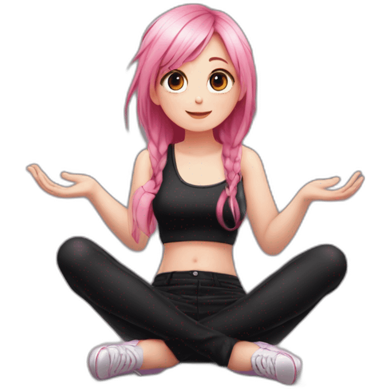 Full body Front view curvy emo girl pink hair sits on the floor straight view hands up black skirt белые трусики полосатые рваные чулки emoji