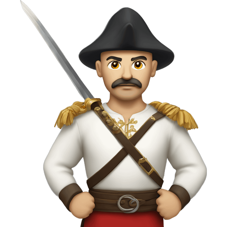 a Cossack warrior in a field holding an ancient saber. The Cossack has a shaved head and a long strand of hair on one side. He has a thick, curved mustache and wears a gold earring in his left ear. His outfit is simple, a white shirt and red pants emoji