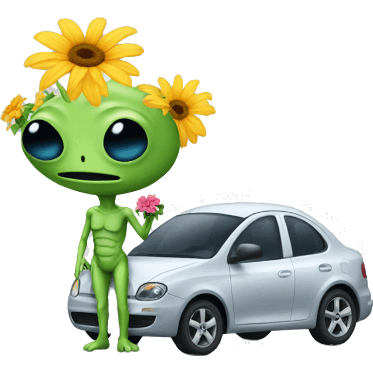 Alien with car and flower emoji