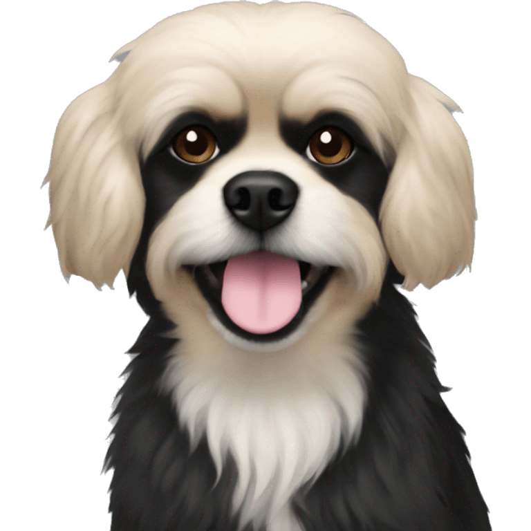 Pekingese poodle mix. All black dog with white chest only. Underbite with teeth showing  emoji