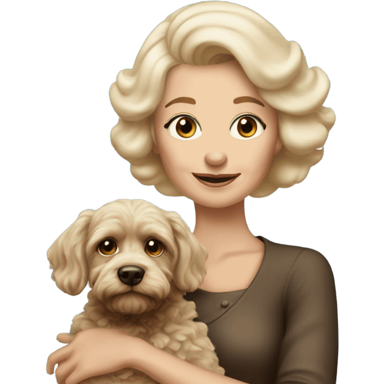 blue eyed old blonde lady with dark brown Cockapoo puppy dog emoji