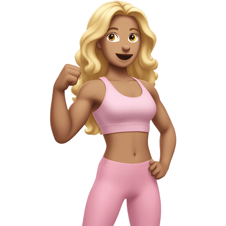 Woman, white skin, pale skin, long hair, blonde hair, wavy hair, baby pink sports bra, baby pink leggings, flexing one arm up emoji