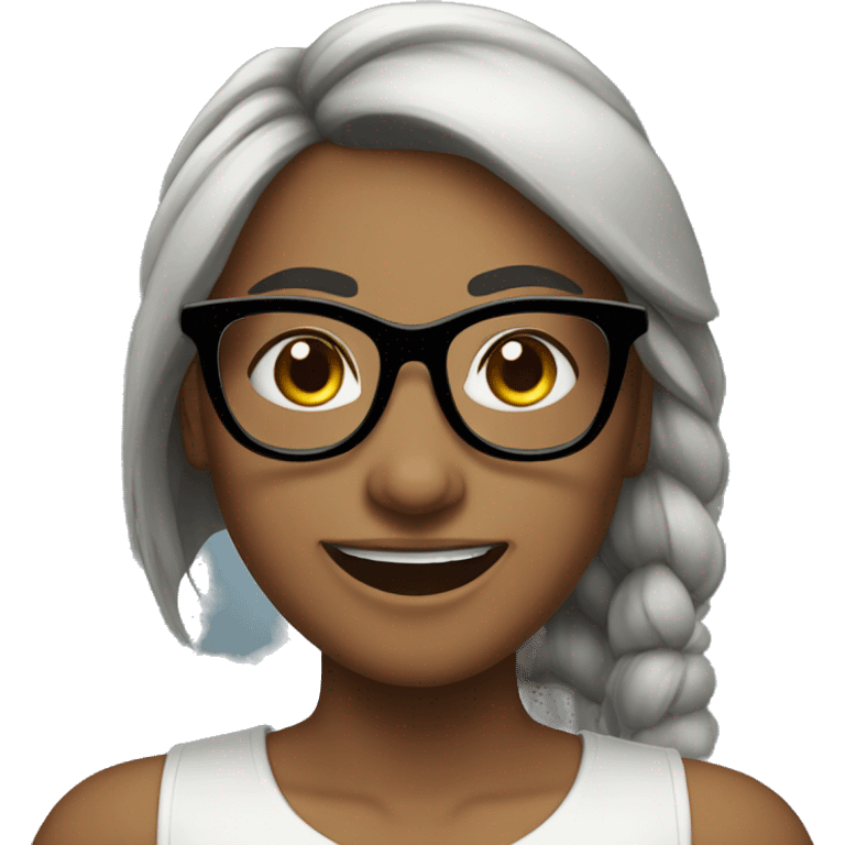 female, bangs on ponytail, black hair, black glasses, cute smile, note, white skin emoji