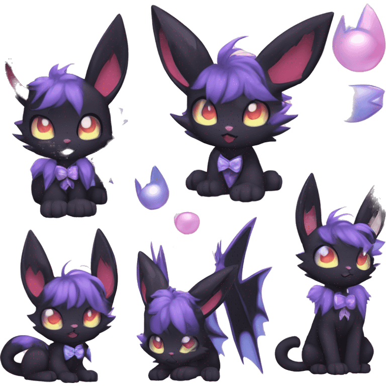 Shiny Cool Edgy Emo pastel Black beautiful ethereal fantasy Kawaii Sona Umbreon-Noibat-Litten-Fakemon-cat-animal with edgy bat-ears bow tie black mane vtuber model Full Body emoji