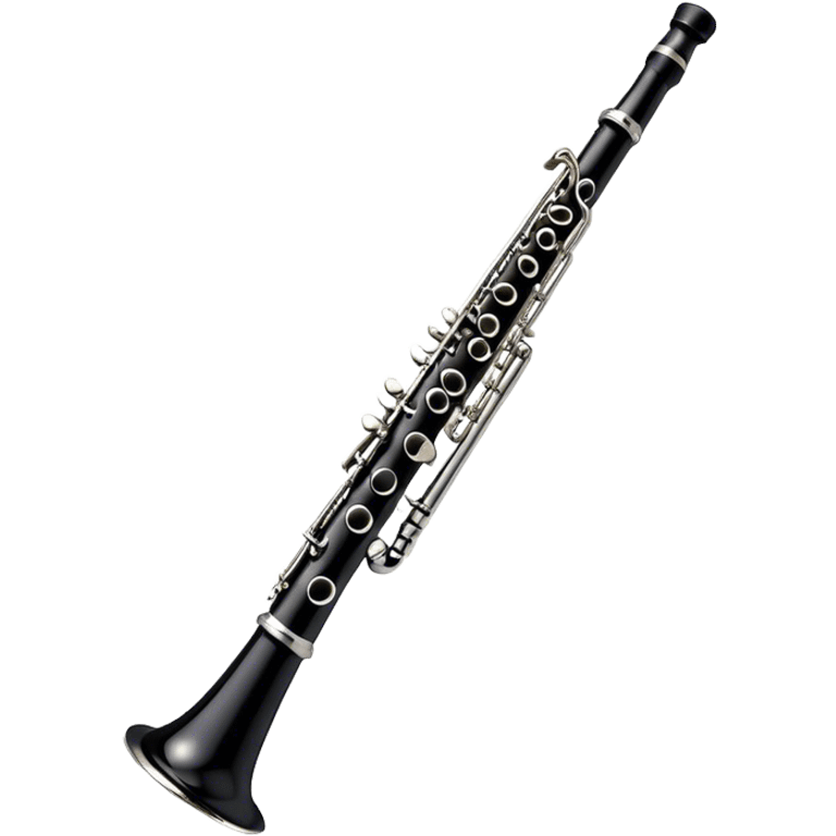 Create an emoji, representing a black standard clarinet. The design should feature a smooth, glossy black body of the clarinet with shiny, silver keys clearly visible. Highlight the intricate details of the mouthpiece and reed at the top, while the body of the instrument should remain simple and elegant. Add subtle musical notes or soundwaves floating around the instrument to symbolize its clear, melodic sound. Use black for the body, silver for the keys, and soft lighting effects to give the instrument a polished, sophisticated look. The background should be transparent. emoji