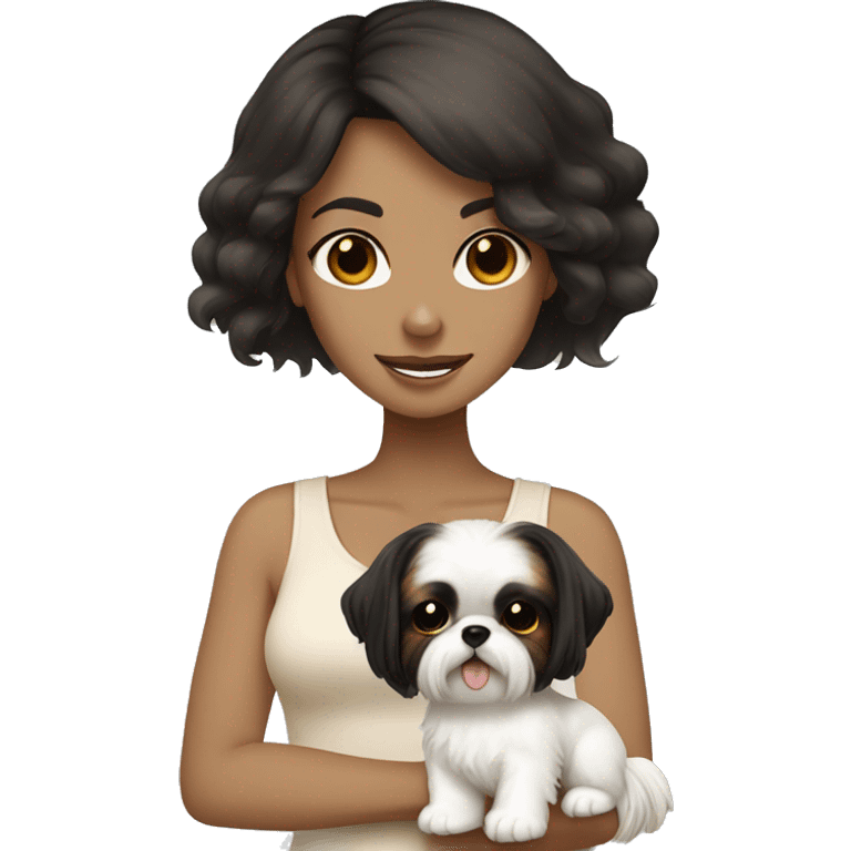 Tan girl, with black hair, holding white shih tzu with light brown spots emoji