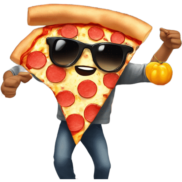 Pizza dancing in NYC eating a slice of pizza with sunglasses on emoji