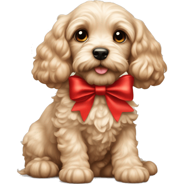 Cockapoo puppy with red bow on head emoji