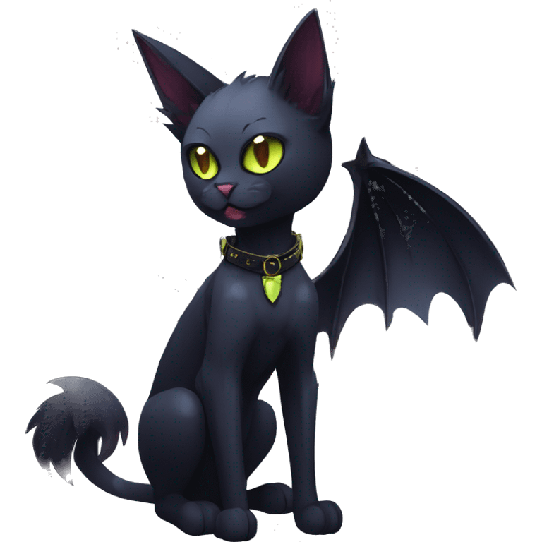   cool edgy beautiful anime-style ethereal dark-punk-themed animal vampiric cat-hybrid Fakemon with fangs and bat-wing-ears with a collar full body emoji