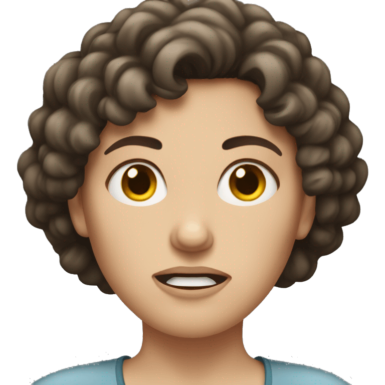 White woman with dark brown curly hair angry emoji