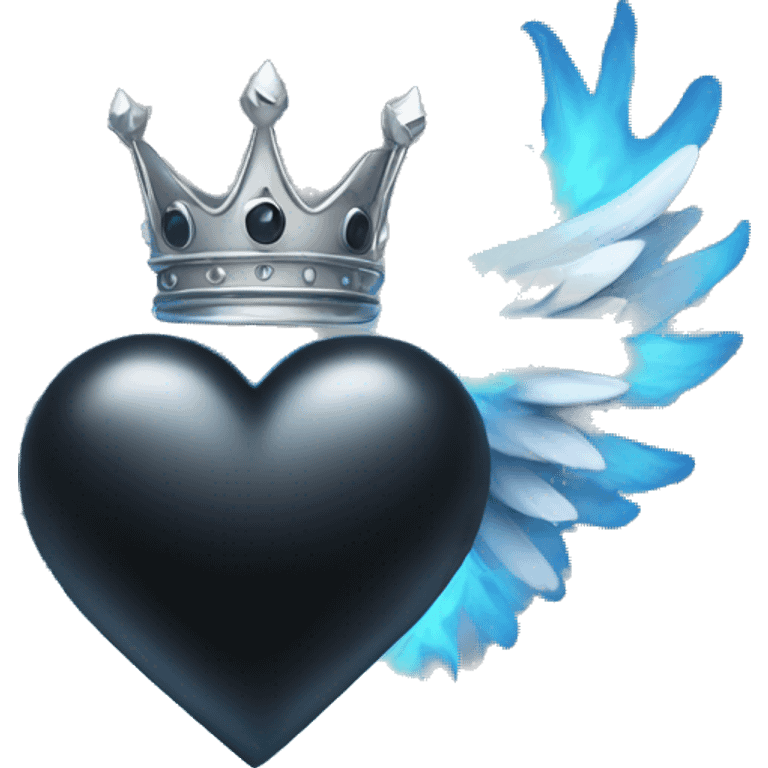 Black colored heart with wings and blue flames and a silver crown emoji