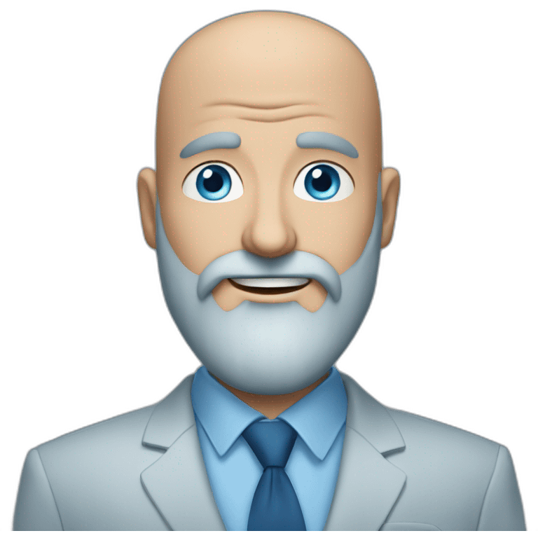 blue-eyed full smile aching bald man with a long beard in a blue suit emoji