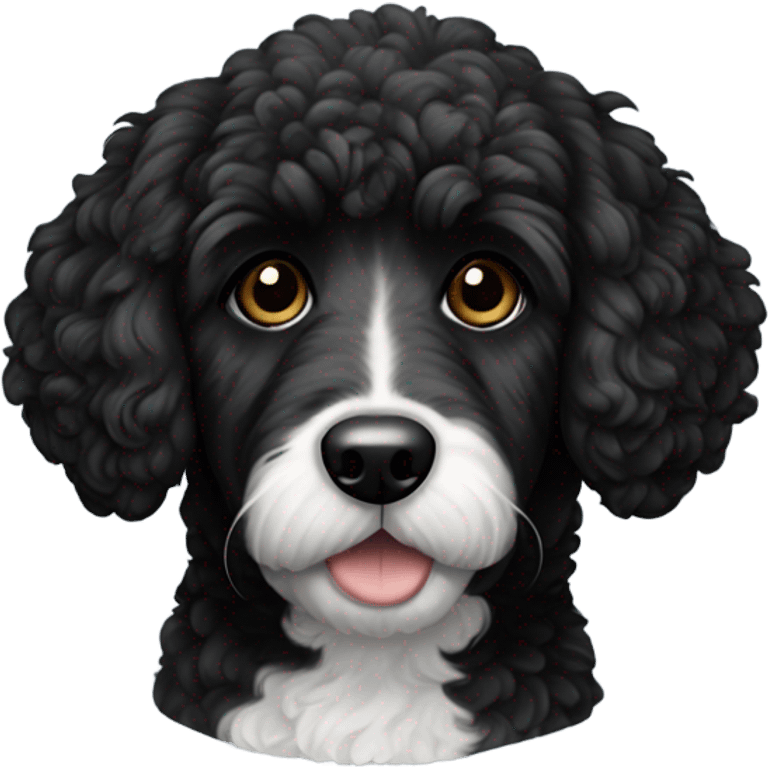 A bernadoodle breed dog, hair all black. All black except for white on its neck. an all black face emoji