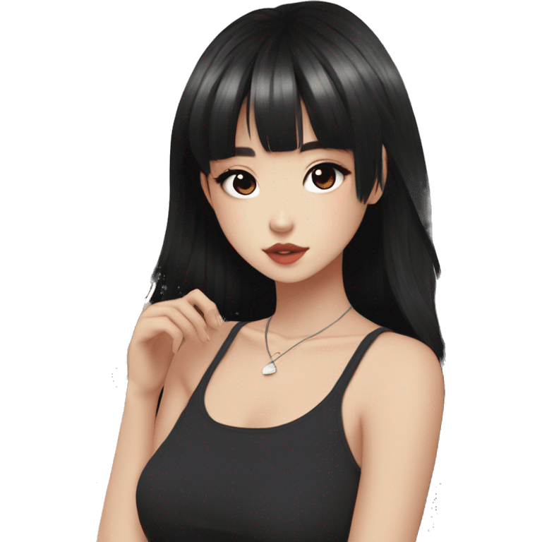 Korean girl, black tank top, black hair, black eyes, layered hair, cool girl, aesthetic, long hair, hime cut, blunt bangs, small silver hoop earrings emoji