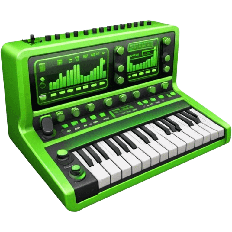 Create a creative and technical emoji that represents sound design. The design should feature a sound mixing console, audio waveforms, and sound effects icons (like a reverb or delay knob) to symbolize the manipulation and crafting of sound. Add elements like a synthesizer or audio interface to reflect the electronic aspect of sound creation. Use colors like neon green, blue, or purple to represent the innovative and experimental nature of sound design. The background should be transparent. emoji