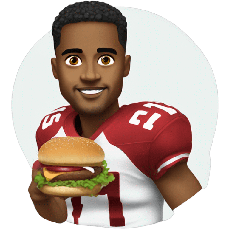 Black man with low taper fade eating burger with green Jalen hurts football jersey on emoji