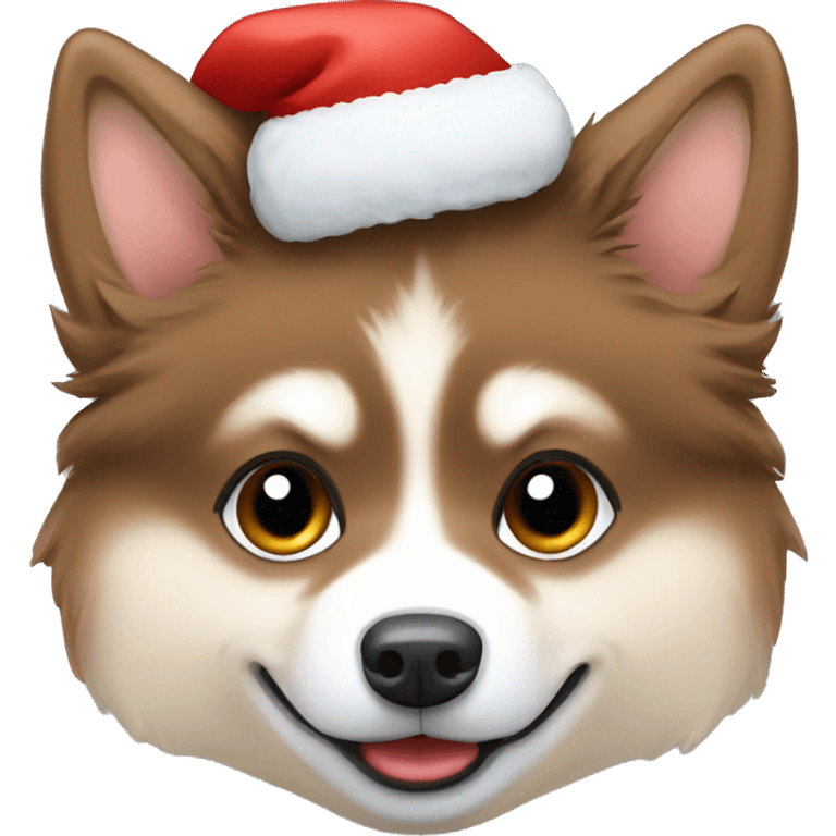 Brown Cute Pomsky dog with Christmas hat emoji