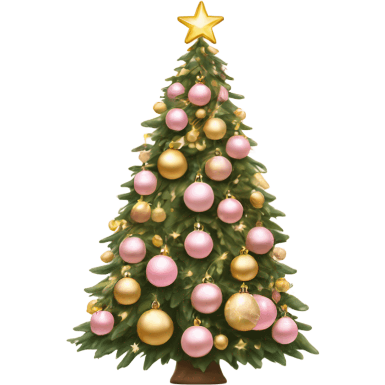 rich Christmas tree decorated with gold lights, snow, pink and beige baubles  emoji