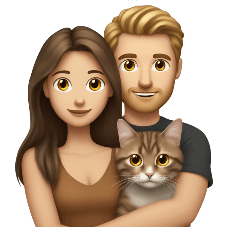 Long Brown hair girl and brunette white man holding tabby cat  emoji