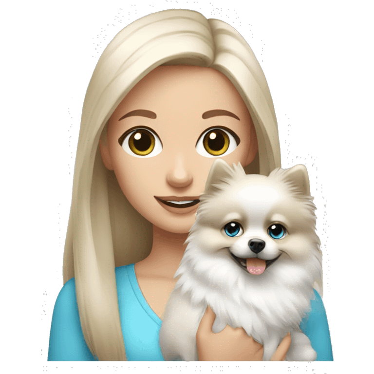 White Brunette girl with blue eyes  holding   white pomeranian  emoji