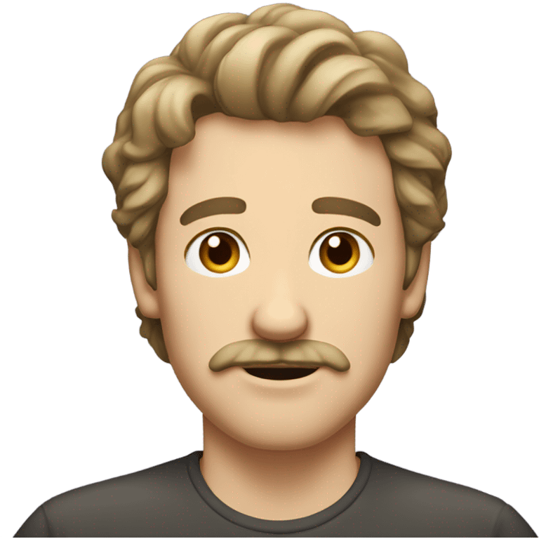 White guy with classic mustache and NO beard. Brown eyes and medium length shaggy hair.  emoji