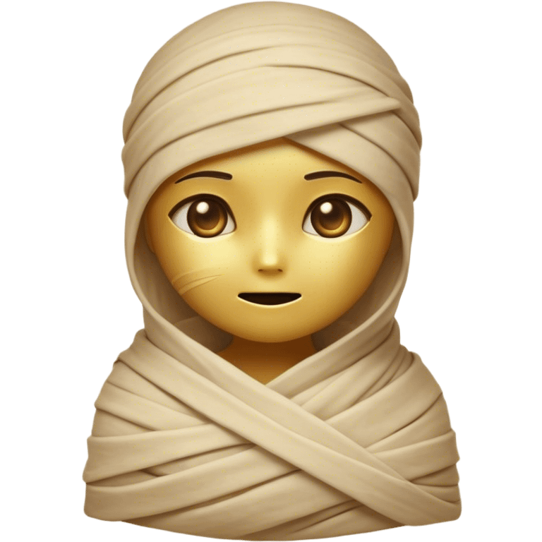 Cinematic Cute Mummy Portrait Emoji, with a delightfully charming, slightly clumsy bandaged form in warm faded tones and subtle hints of gold, featuring wide, curious eyes peeking from the wrappings and a sweet, innocent smile, simplified yet adorably detailed, glowing with a soft, ancient warmth and a gentle outline that captures the playful spirit of an ancient mummy! emoji