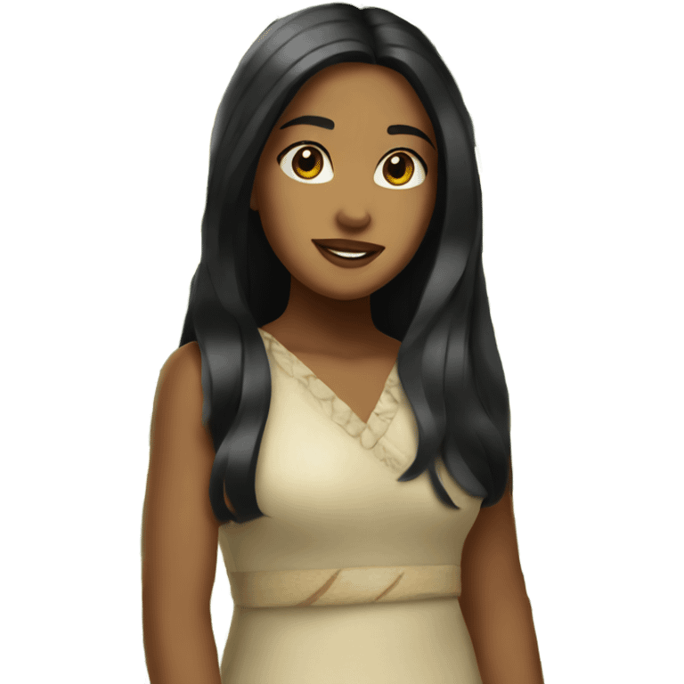 Brown Island girl with long black hair and a plumeria flower emoji