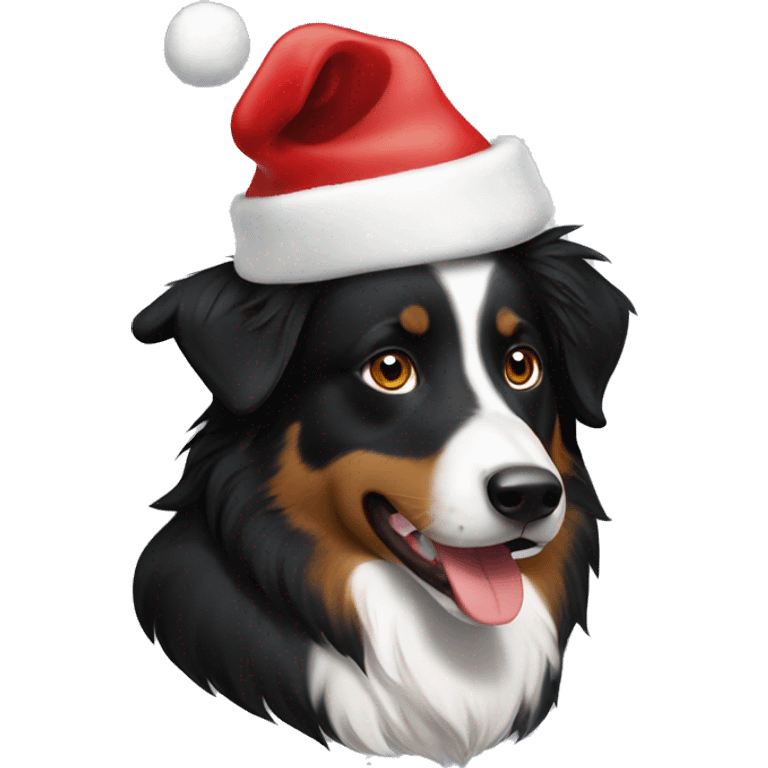 Black tri Australian shepherd wearing a Santa hat emoji