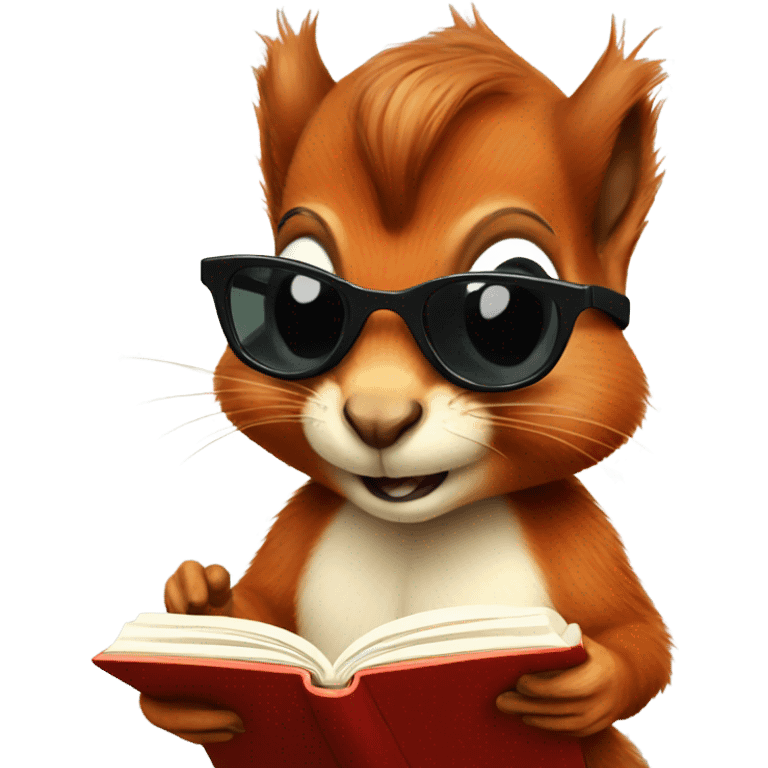 A red squirrel wearing sunglasses reading a book emoji