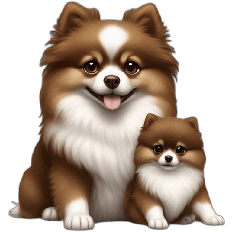 4 dark brown pomeranian puppies nursing from white pomeranian mother dog emoji