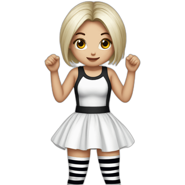 Frontal view curvy emo girl sits white skirt striped stockings hands up emoji