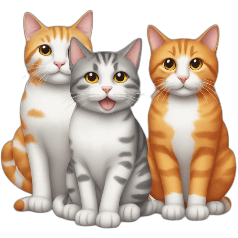 Three cats sitting, one grey tabby, one orange and white, one all orange emoji